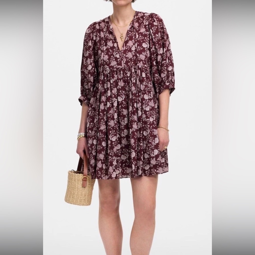 NWT Madewell Burgundy Floral Split Neck Puff Sleeve Sz S